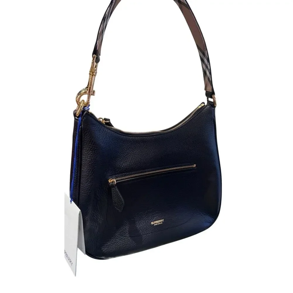 Burberry Black Pebbled Leather with Check Shoulder/hobo bag New - Picture 3 of 7